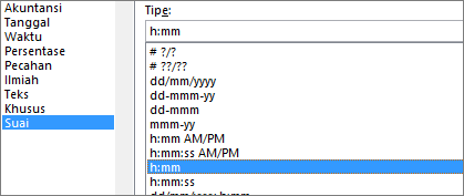 Dialog Format Sel, perintah Kustom, tipe h:mm