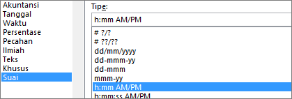 Kotak dialog Format sel, perintah Kustom, tipe h:mm AM/PM