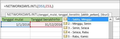 Daftar Intellisense memperlihatkan 2 - Minggu, Senin; 3 - Senin, Selasa, dan seterusnya