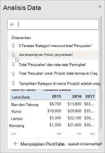 Analisis Data di Excel akan memberi Anda pertanyaan yang disarankan berdasarkan analisis data Anda.
