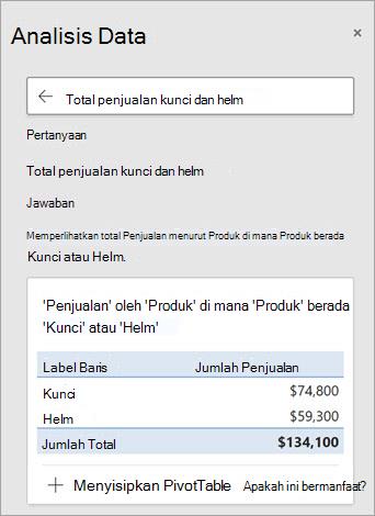 Analisis Data di Excel menjawab pertanyaan tentang berapa banyak Kunci atau Helm yang dijual.