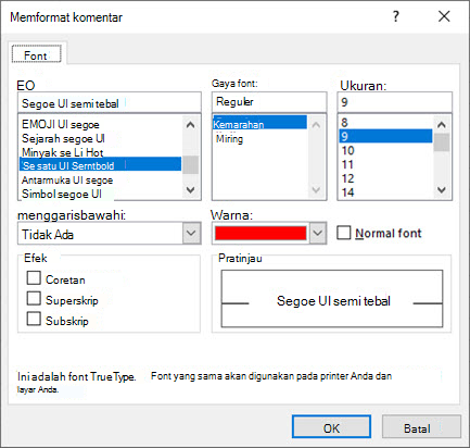 Dialog Format Komentar, di mana Anda bisa memilih font, gaya, ukuran, warna, dan sebagainya.