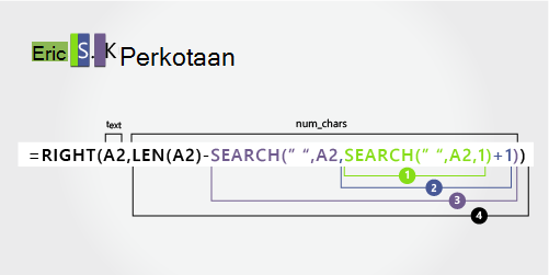 Fungsi SEARCH kedua dalam rumus untuk memisahkan nama depan, tengah, dan nama belakang