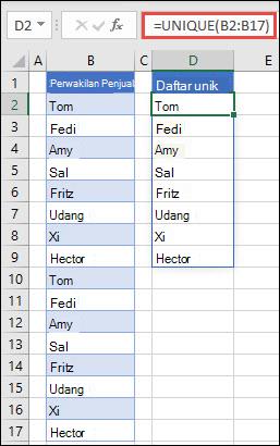 Fungsi UNIQUE yang digunakan untuk mengurutkan daftar nama