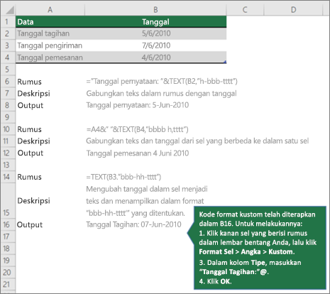 Contoh untuk menunjukkan bagaimana rumus dapat menggabungkan teks dengan nilai tanggal dan waktu