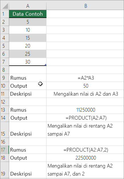 Mengalikan angka menggunakan fungsi PRODUCT