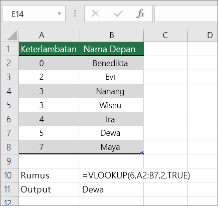 Contoh rumus VLOOKUP yang mencari perkiraan kecocokan