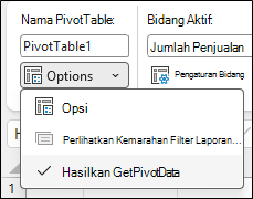 Cuplikan layar menu Opsi PivotTable Excel. Bagian atas memperlihatkan Nama PivotTable: PivotTable1. Di bawah ini, menu menurun berlabel Opsi diperluas, menampilkan tiga item: Opsi, Perlihatkan Halaman Filter Laporan berwarna abu-abu..., dan opsi yang dicentang Menghasilkan GetPivotData.