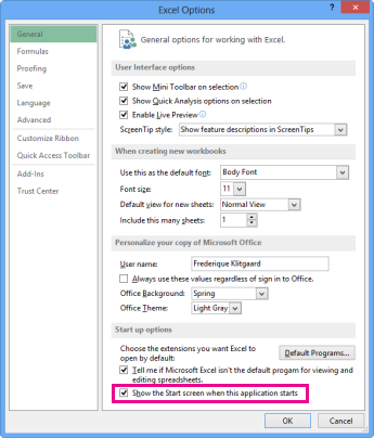 Opsi startup di kotak dialog Opsi Excel