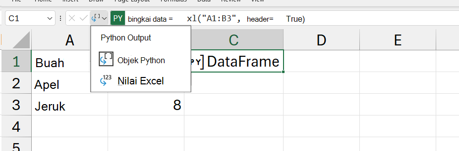 Menu output Python yang terbuka di Excel.
