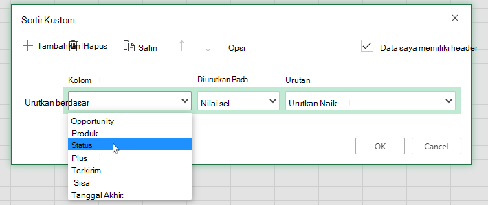 Memilih kolom dalam dialog pengurutan kustom