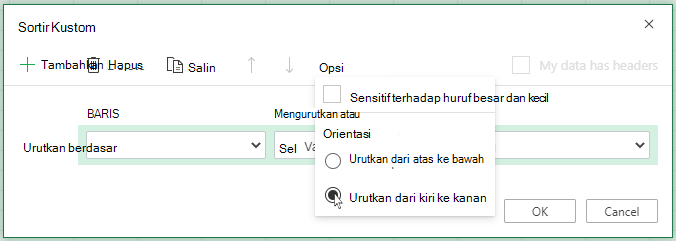 Pengurutan kustom buka Menu Opsi dan pilih urutkan dari kiri ke kanan