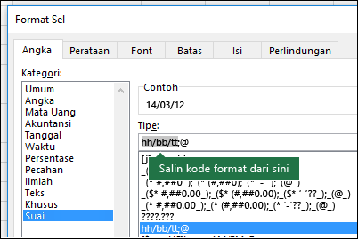 Contoh penggunaan dialog Format > Nomor > Sel > Kustom agar Excel membuat string format untuk Anda.