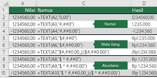 Contoh fungsi TEXT dengan format Angka, Mata Uang dan Akuntansi