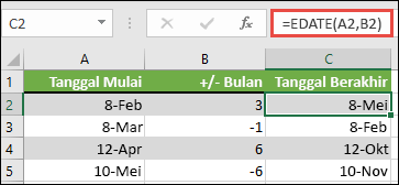 Gunakan EDATE untuk menambahkan atau mengurangi bulan dari tanggal. Dalam kasus ini, =EDATE(A2,B2) di mana A2 adalah tanggal, dan B2 memiliki jumlah bulan untuk ditambahkan atau dikurangi.