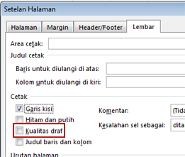 Tab Lembar dalam kotak dialog Penyetelan Halaman
