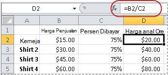 Contoh rumus untuk menghitung persentase