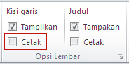 Grup Opsi Lembar pada tab Tata Letak Halaman