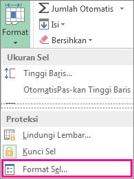 Pada tab Beranda, tombol Format, dan tombol Format Sel pada menu