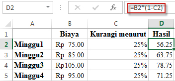 Hasil persentase di kolom D