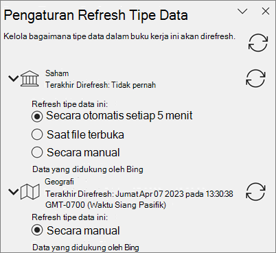 Panel Pengaturan Refresh untuk tipe data.