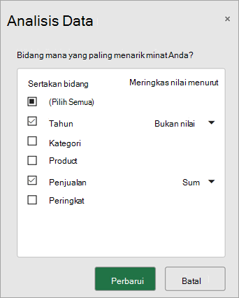 Pilih bidang mana yang ingin Anda sertakan dan perbarui untuk mendapatkan rekomendasi baru.