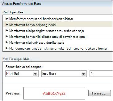 Aturan pemformatan bersyarat yang menampilkan angka di bawah 0 dengan teks merah.