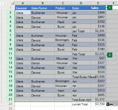Garis besar baris di Excel Online
