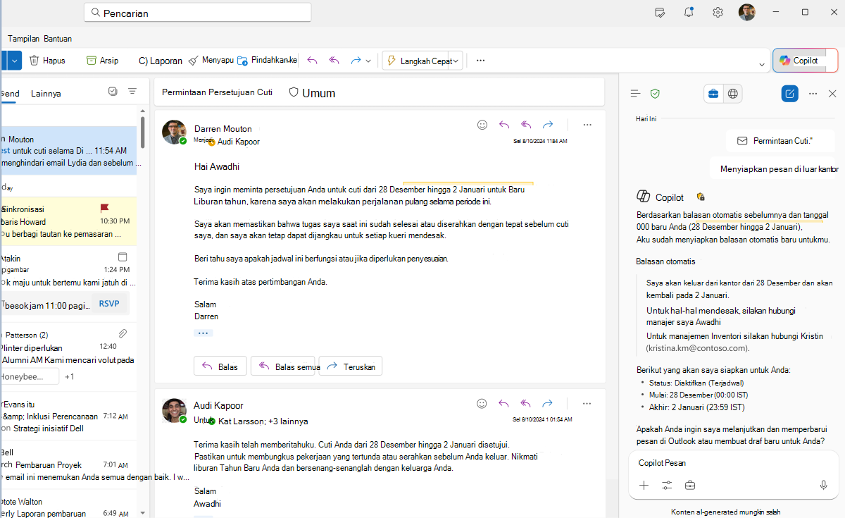 Cuplikan layar respons Copilots untuk membuat balasan otomatis di Copilot di Outlook