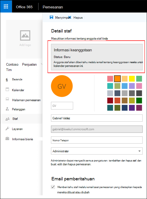 Halaman detail staf dengan tombol Simpan disorot
