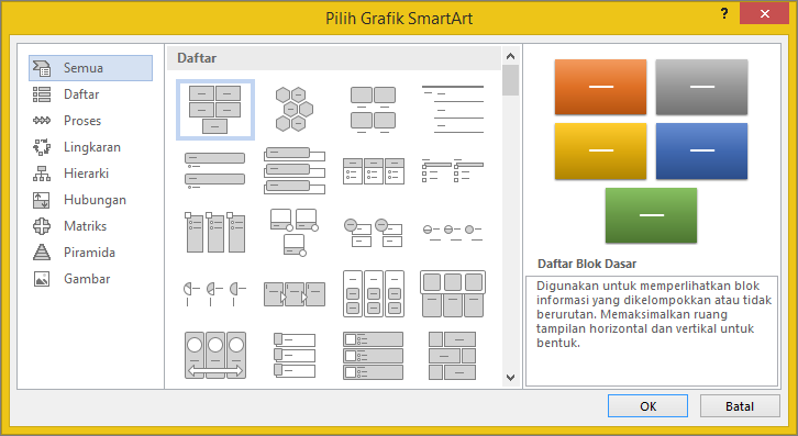 Pilihan dalam kotak dialog Pilih Grafik SmartArt