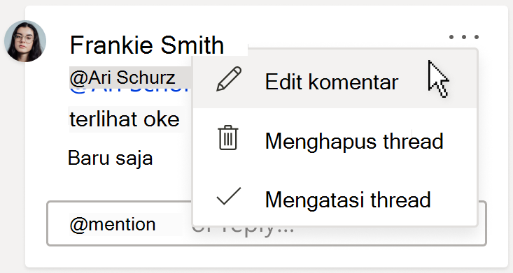 Gambar kartu komentar, memperlihatkan opsi Edit komentar. Opsi tersebut berada di bawah menu menurun Tindakan utas lainnya, yang dapat ditemukan di sudut kanan atas komentar.