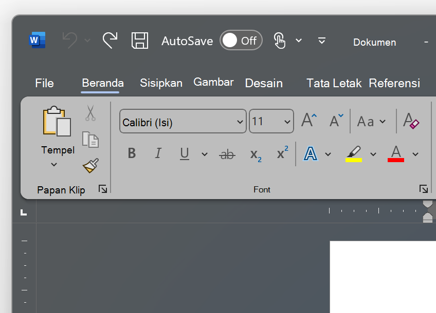Cuplikan layar bagian kiri atas Word dalam tema Abu-Abu Gelap.