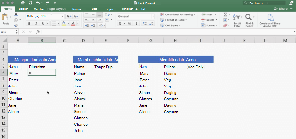 Cuplikan layar Excel dengan data menggunakan larik dinamis