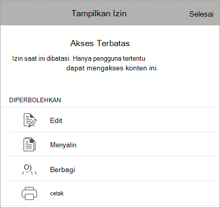 Cuplikan layar dialog yang memperlihatkan hak IRM kepada pengguna.