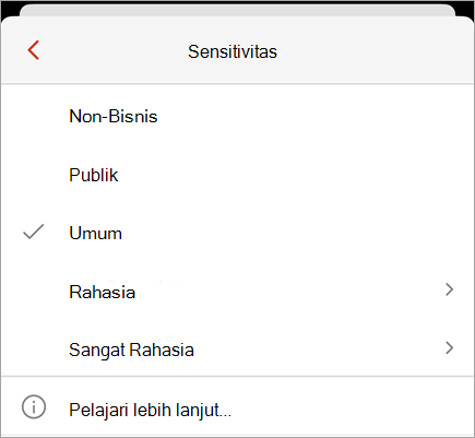 Cuplikan layar menu sensitivitas yang memperlihatkan label sensitivitas yang tersedia.