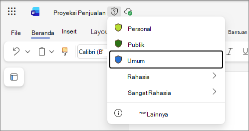 Daftar drop-down label sensitivitas di Office untuk web, menggunakan dokumen Word sebagai contoh dan nama label standar