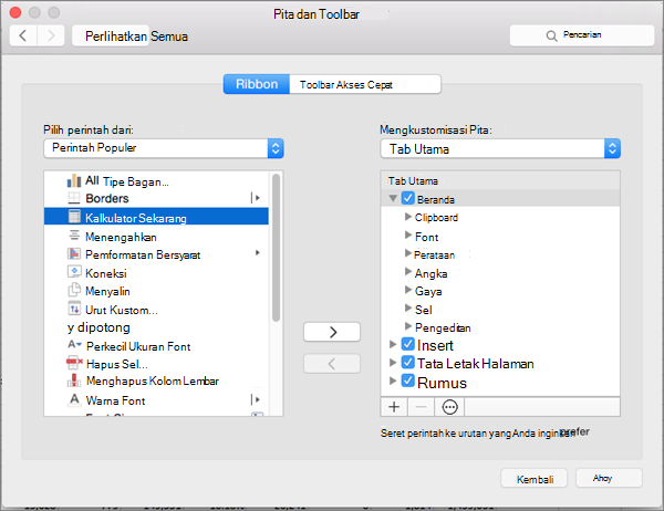 Cuplikan layar kotak dialog Kustomisasi Pita Mac