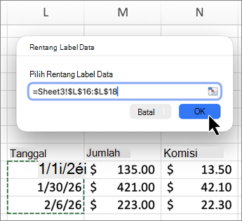 Cuplikan layar rentang label Data Mac di Excel.