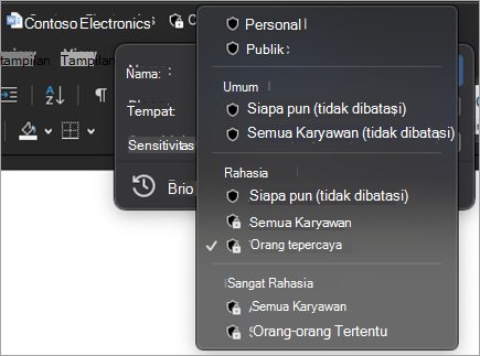 Cuplikan layar menu sensitivitas bilah judul diperluas untuk memperlihatkan label sensitivitas yang tersedia.