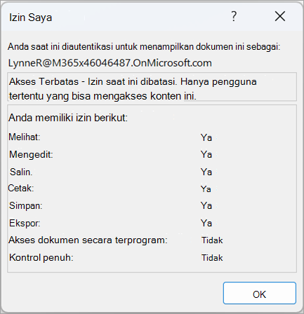 Cuplikan layar dialog yang memperlihatkan izin pengguna