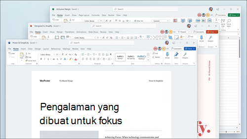 Word, Excel, dan PowerPoint ditampilkan dengan pembaruan visual di pita dan sudut membulat agar sesuai dengan antarmuka pengguna Windows 11.
