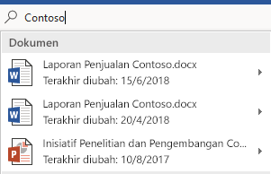 Kotak pencarian Beri Tahu Saya memperlihatkan daftar file yang ditemukan