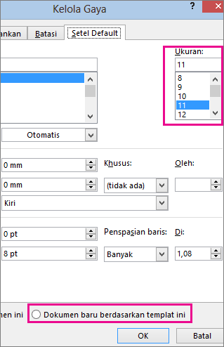 Tab Atur Default dalam kotak dialog Kelola Gaya