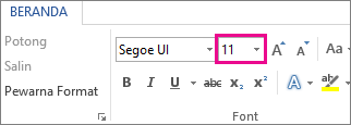 Kotak Ukuran font pada tab Beranda