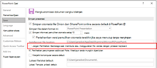 Cuplikan layar dialog Opsi PowerPoint yang menyoroti pengaturan untuk tidak menggunakan Backstage saat menyimpan dengan pintasan keyboard