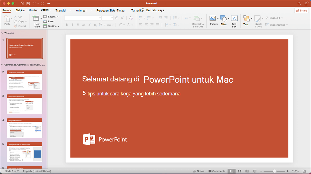 Jendela PowerPoint 2021 untuk Mac dengan templat Ikuti Tur terbuka
