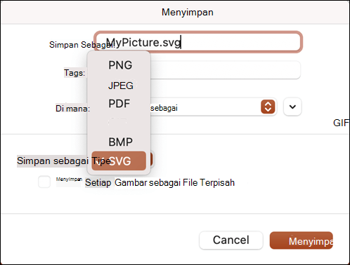 Dialog Simpan sebagai di PowerPoint 2021 untuk Mac dengan opsi SVG dipilih
