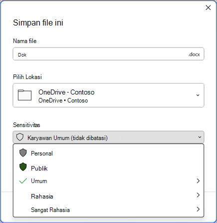 Cuplikan layar dialog Simpan dengan bilah sensitivitas diperluas untuk memperlihatkan opsi label kepekaan.