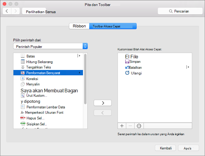 Cuplikan layar dialog Kustomisasi QAT Mac